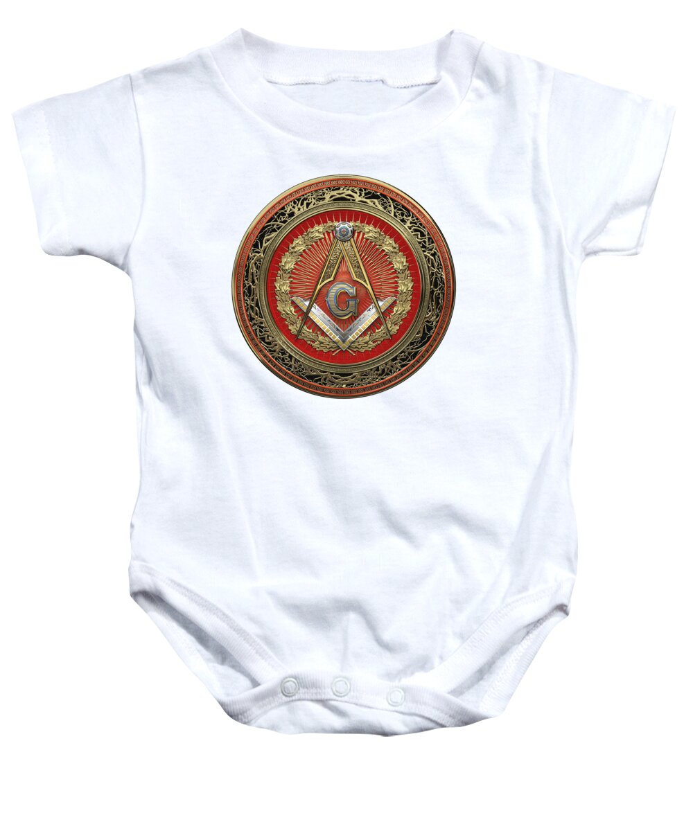 Ancient Brotherhoods Collection By Serge Averbukh Baby Onesie featuring the digital art 3rd Degree Mason Gold Jewel - Master Mason Square and Compasses over White Leather by Serge Averbukh