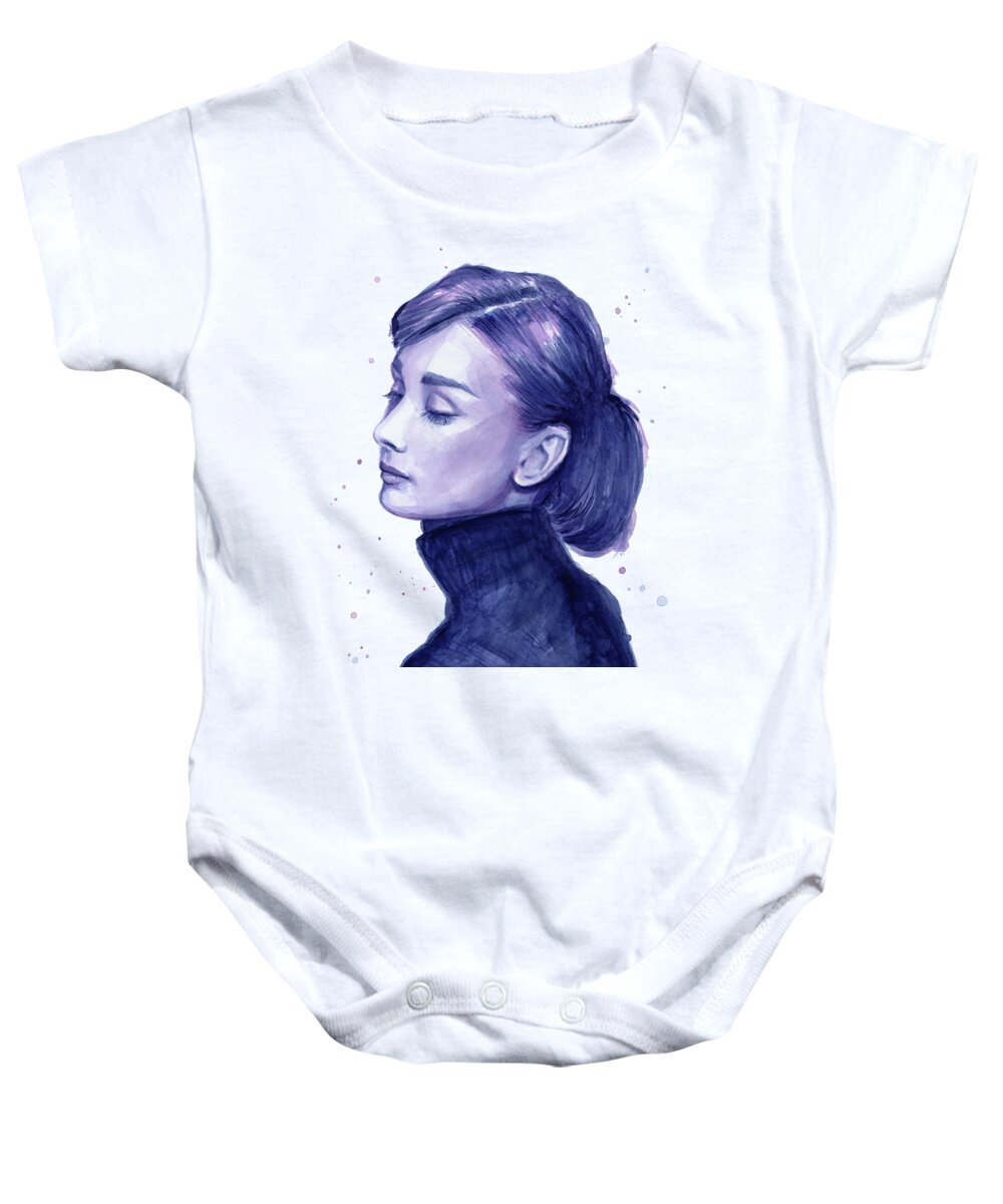 Audrey Baby Onesie featuring the painting Audrey Hepburn Portrait by Olga Shvartsur