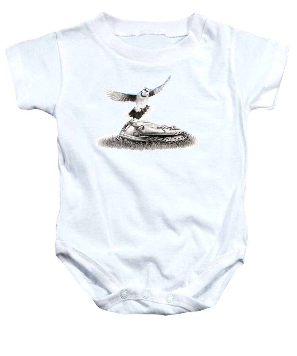 Blue Baby Onesie featuring the drawing 9th Inning - Outstanding in the Feild by Stirring Images