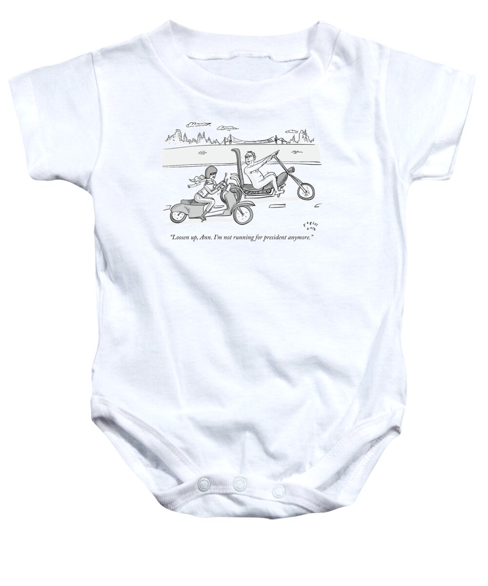 Loosen Up Baby Onesie featuring the drawing A Fully Clothed Woman Is Riding A Moped by Farley Katz