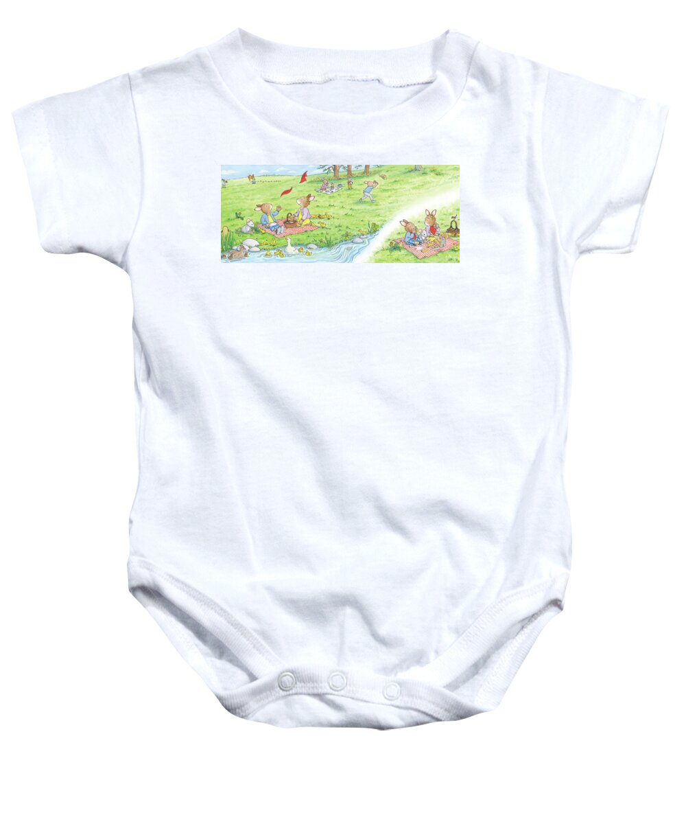 Breezy Bunnies Baby Onesie featuring the painting A Perfect Spring Day For A Picnic -- No Text by June Goulding