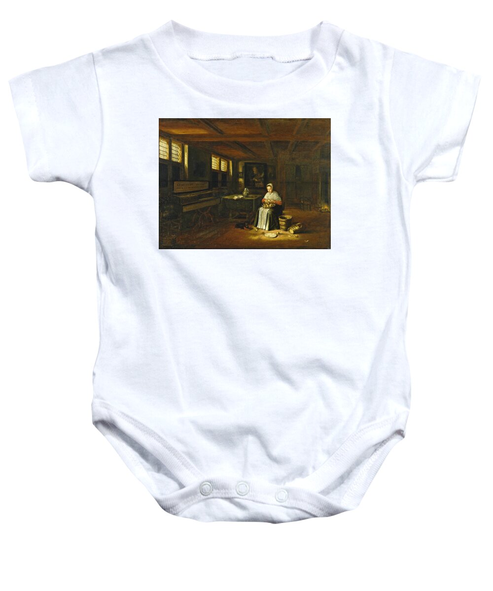 Govert Dircksz Camphuysen Baby Onesie featuring the painting A Woman in an Interior peeling Vegetables by Govert Dircksz Camphuysen