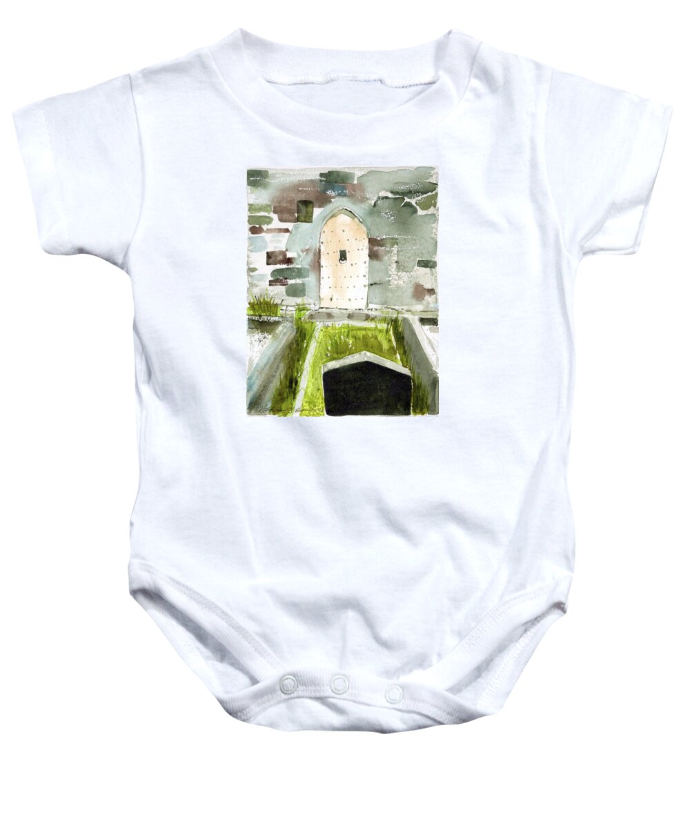 Abbey Baby Onesie featuring the painting Abbey Door by Kathleen Barnes