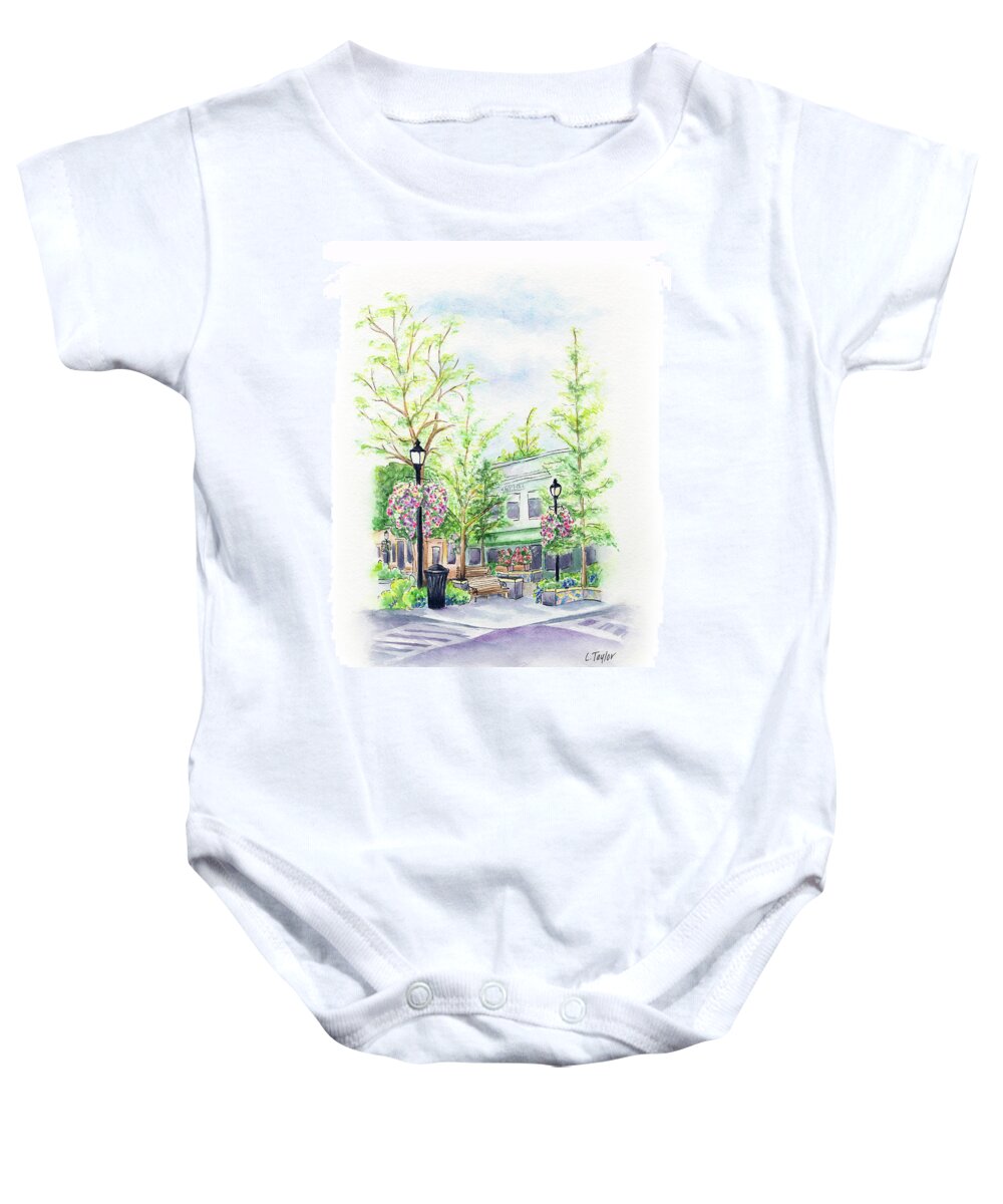 Small Town Baby Onesie featuring the painting Across the Plaza by Lori Taylor