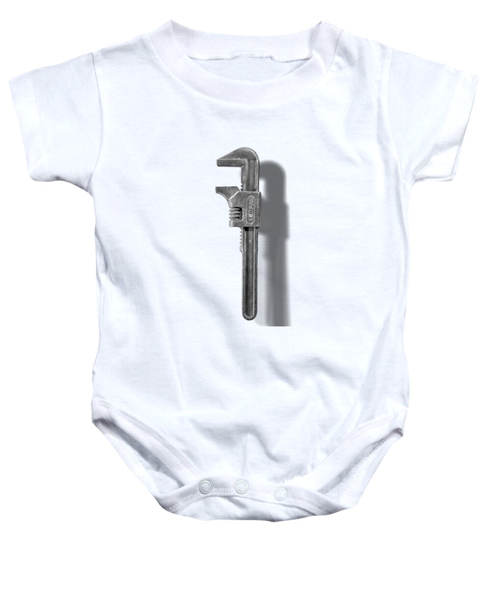 Adjustable Wrench Baby Onesie featuring the photograph Antique Adjustable Wrench Front in Black and White by YoPedro