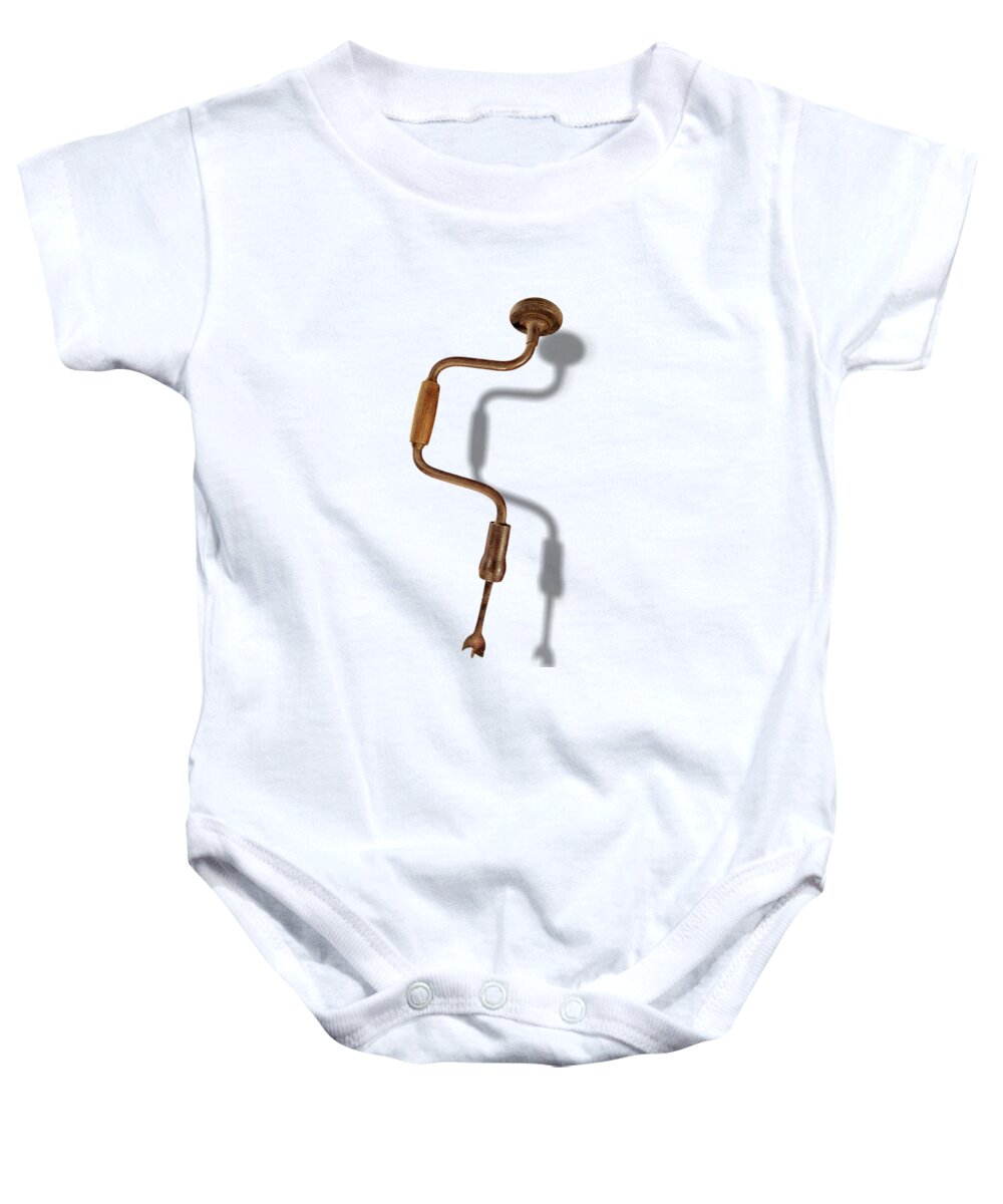 Vintage Drill Baby Onesie featuring the photograph Antique Bit Brace and Drill Bit Floating on White by YoPedro