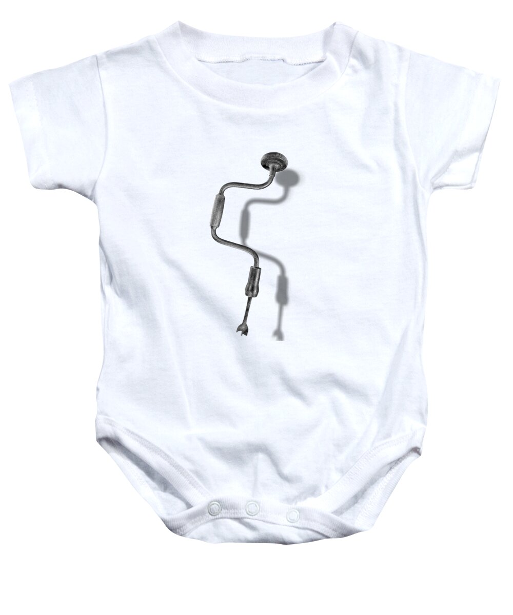 Vintage Drill Baby Onesie featuring the photograph Antique Bit Brace and Drill Bit in BW by YoPedro