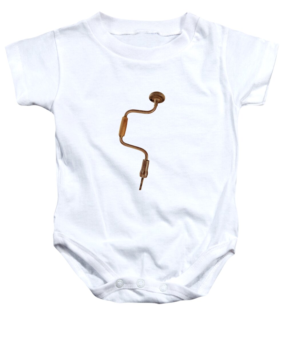 Antique Baby Onesie featuring the photograph Antique Bit Brace and Drill Bit on Color Paper by YoPedro