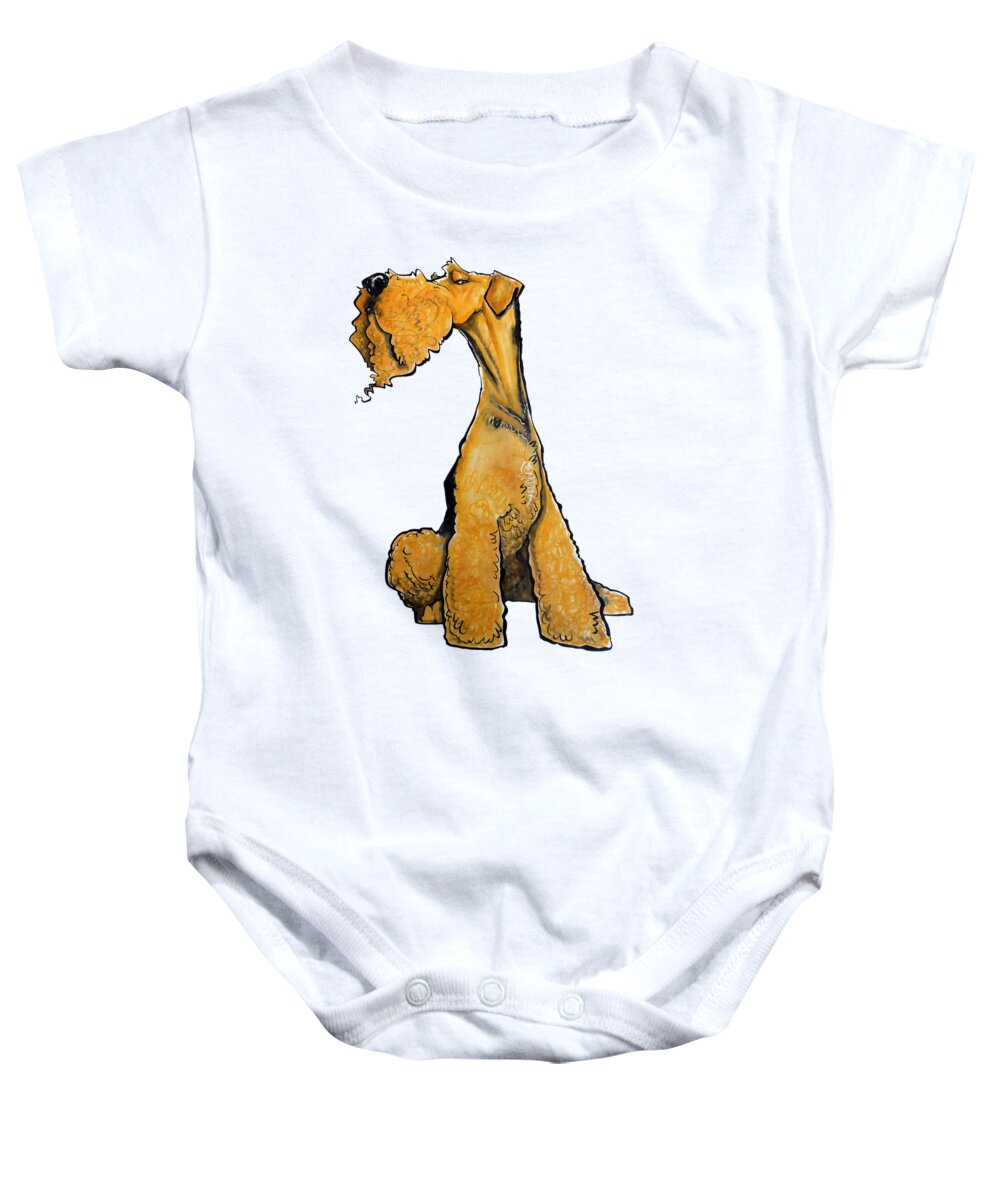 Airedale Baby Onesie featuring the drawing Arrogant Airedale by Canine Caricatures By John LaFree