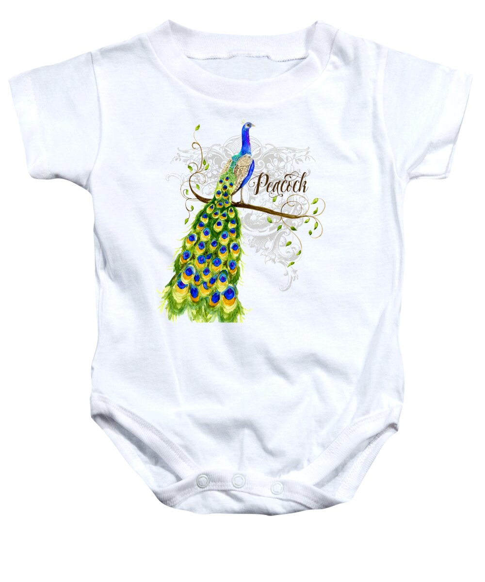 Art Nouveau Baby Onesie featuring the painting Art Nouveau Peacock w Swirl Tree Branch and Scrolls by Audrey Jeanne Roberts