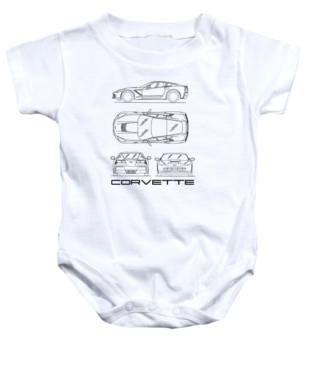 Corvette C7 Baby Onesie featuring the photograph Corvette C7 Blueprint In White by Mark Rogan