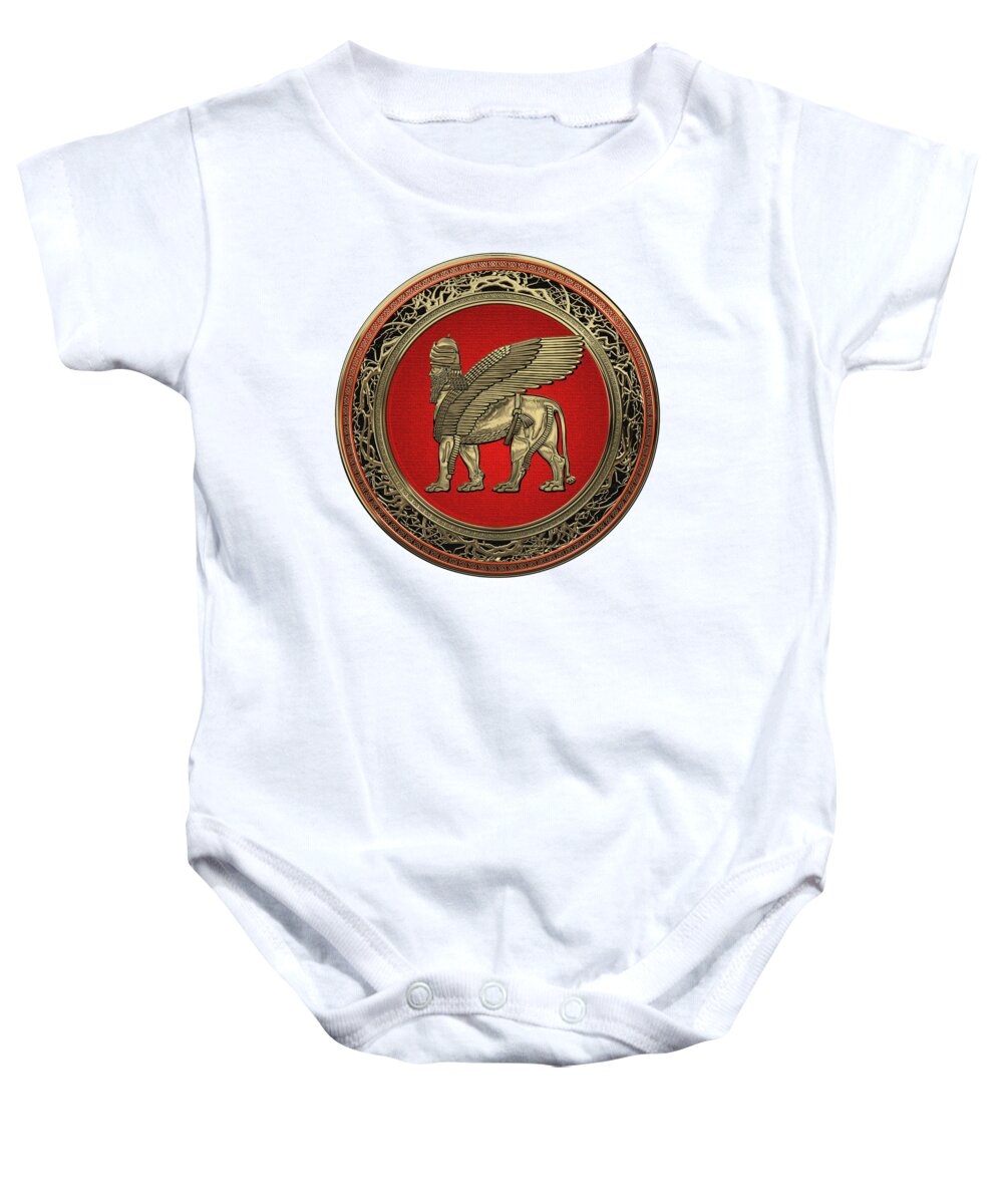 ‘treasures Of Mesopotamia’ Collection By Serge Averbukh Baby Onesie featuring the digital art Assyrian Winged Lion - Gold Lamassu over White Leather by Serge Averbukh