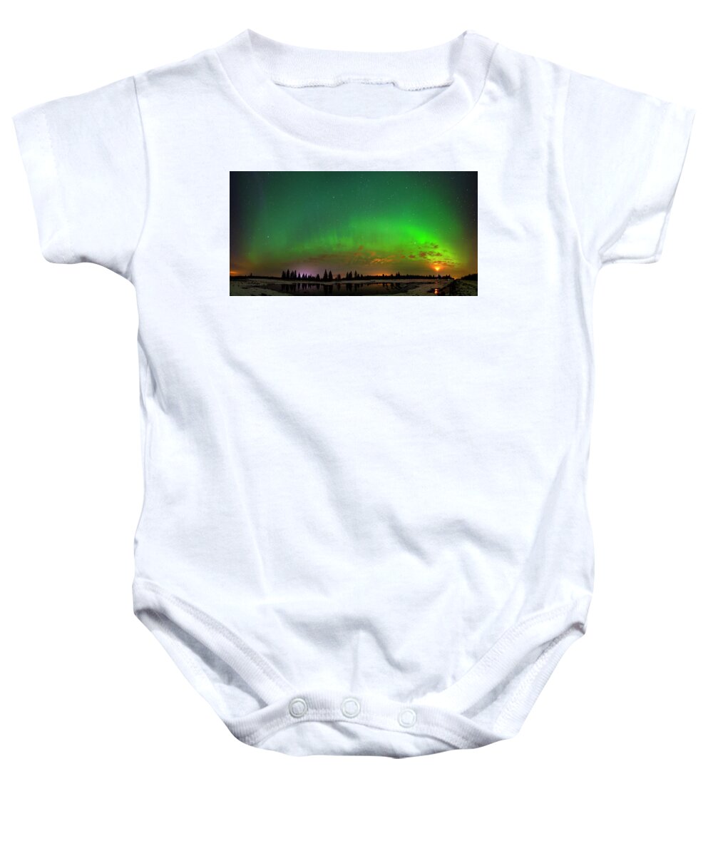 Aurora Borealis Baby Onesie featuring the photograph Aurora Over Pond Panorama by Dan Jurak