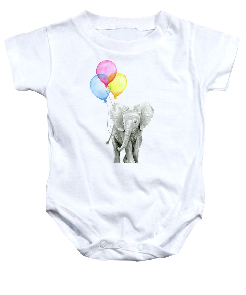 Elephant Baby Onesie featuring the painting Baby Elephant with Baloons by Olga Shvartsur