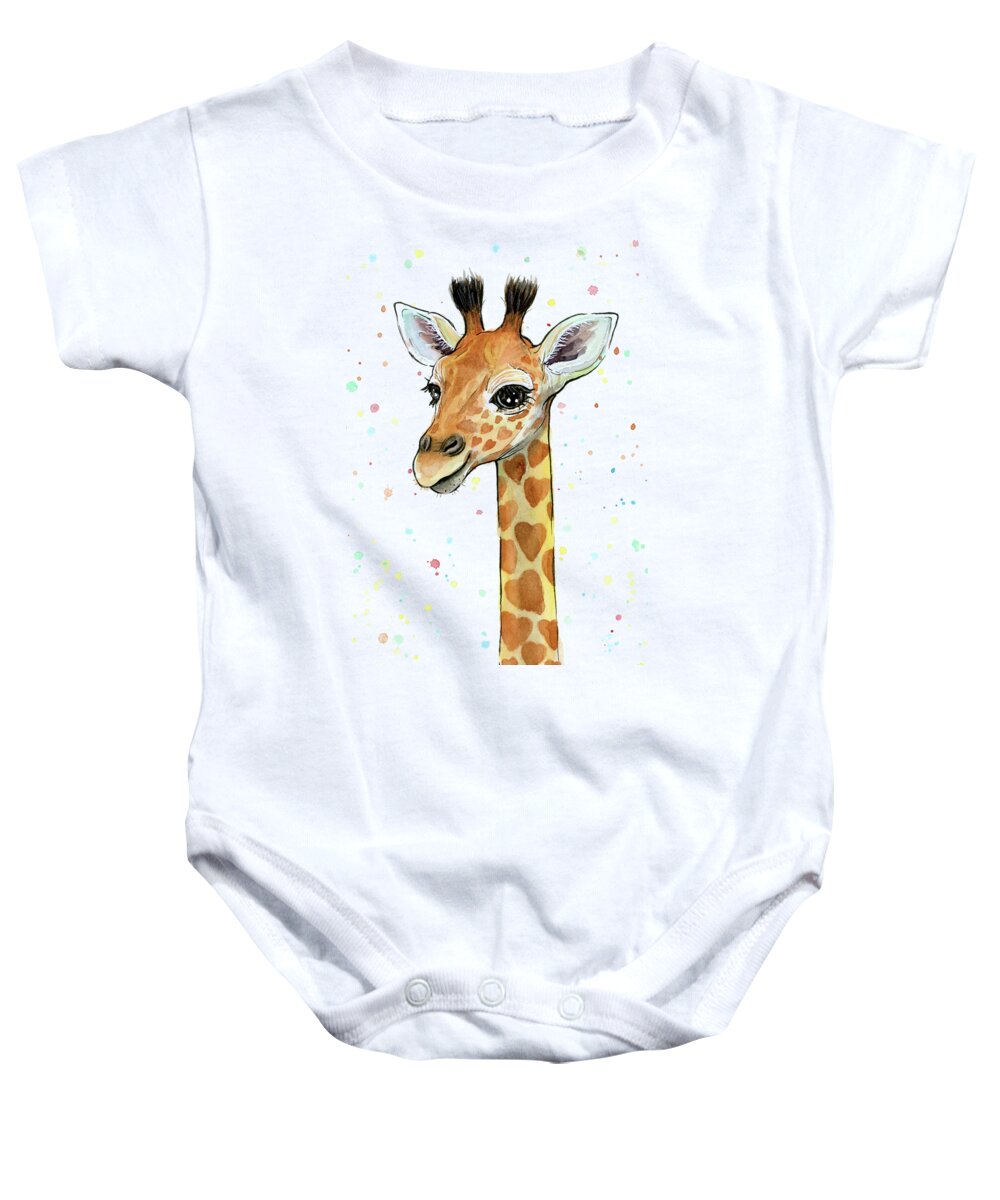 Watercolor Giraffe Baby Onesie featuring the painting Baby Giraffe Watercolor with Heart Shaped Spots by Olga Shvartsur