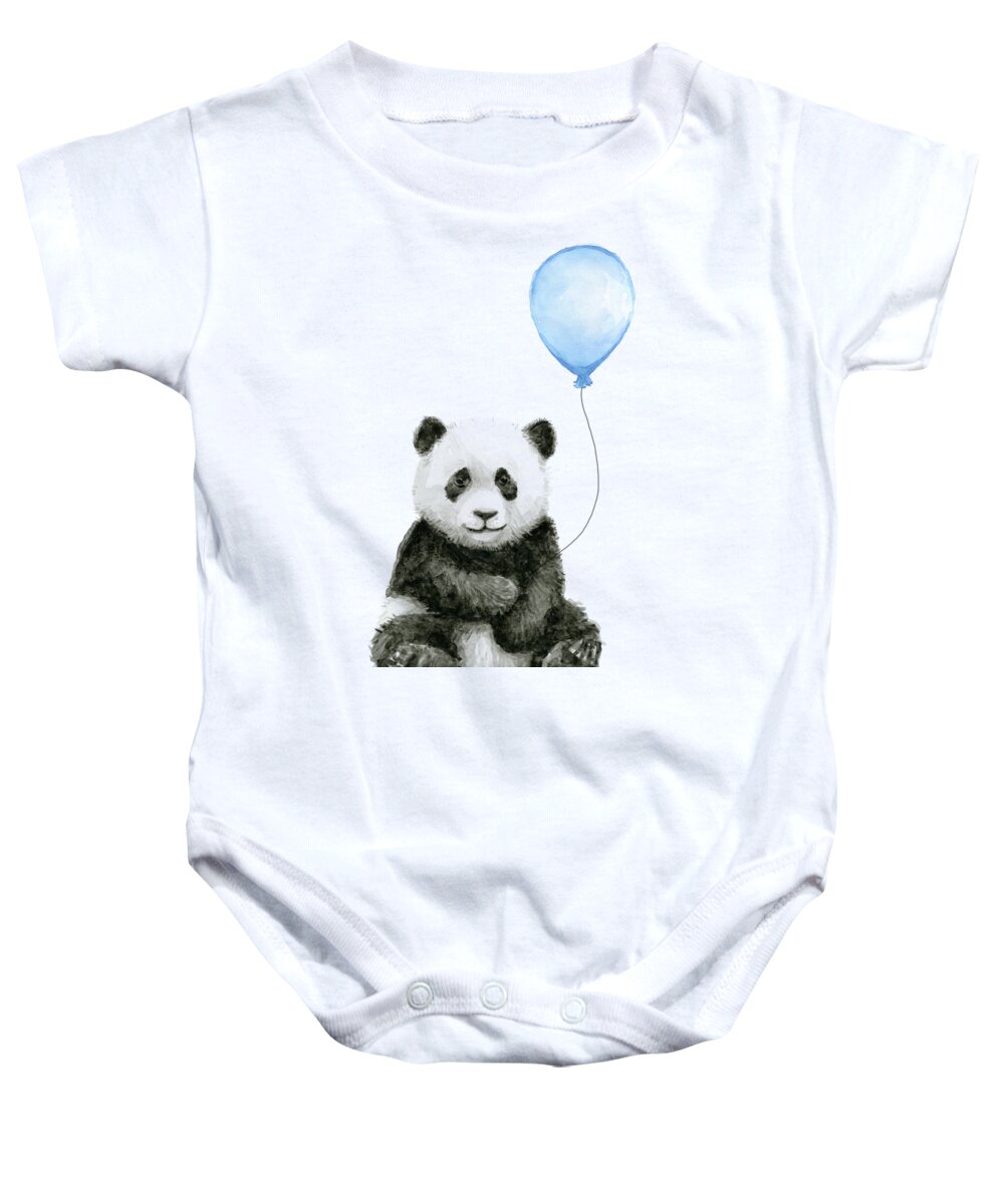 Baby Panda Baby Onesie featuring the painting Baby Panda with Blue Balloon Watercolor by Olga Shvartsur