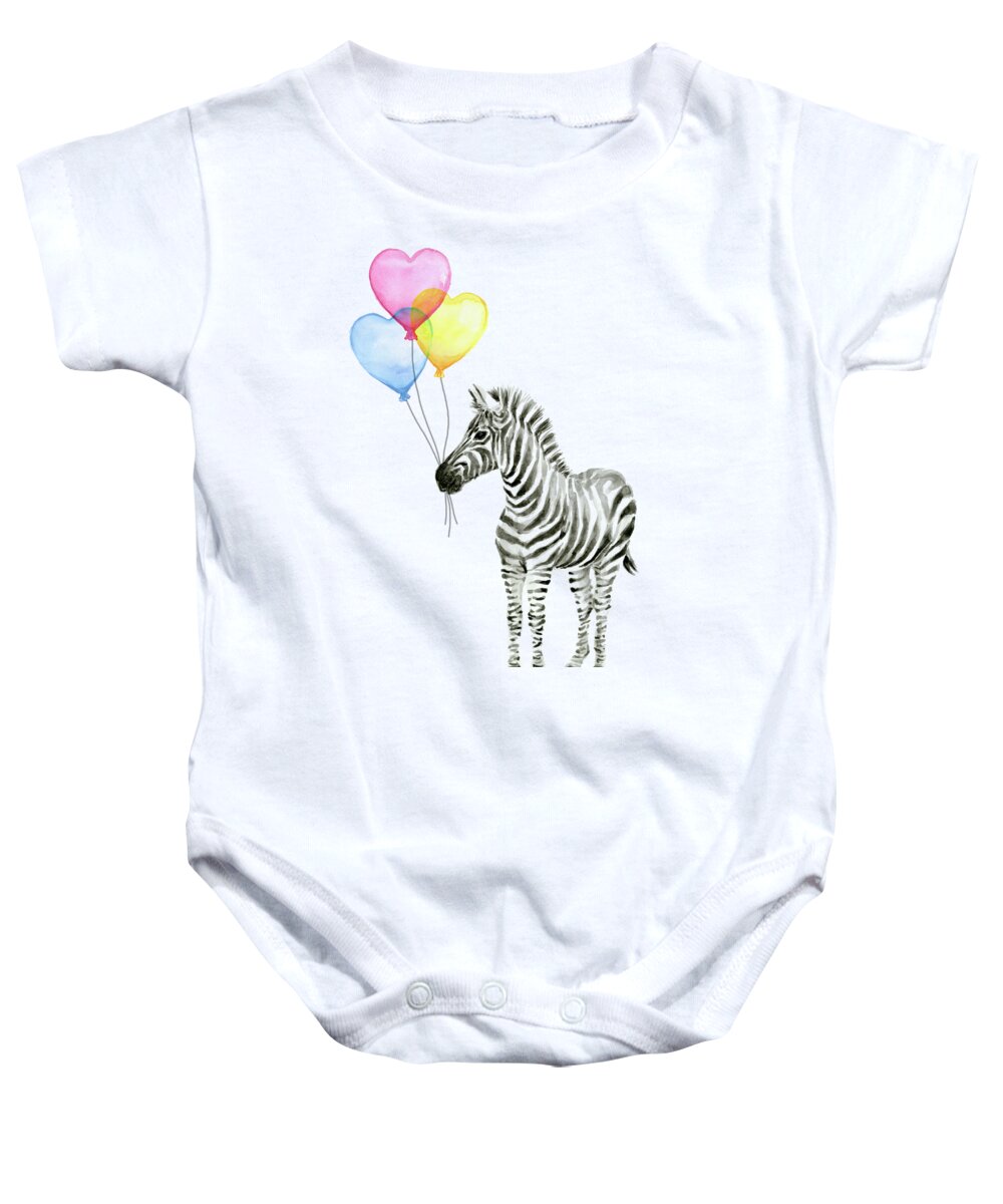 Zebra Baby Onesie featuring the painting Baby Zebra Watercolor Animal with Balloons by Olga Shvartsur