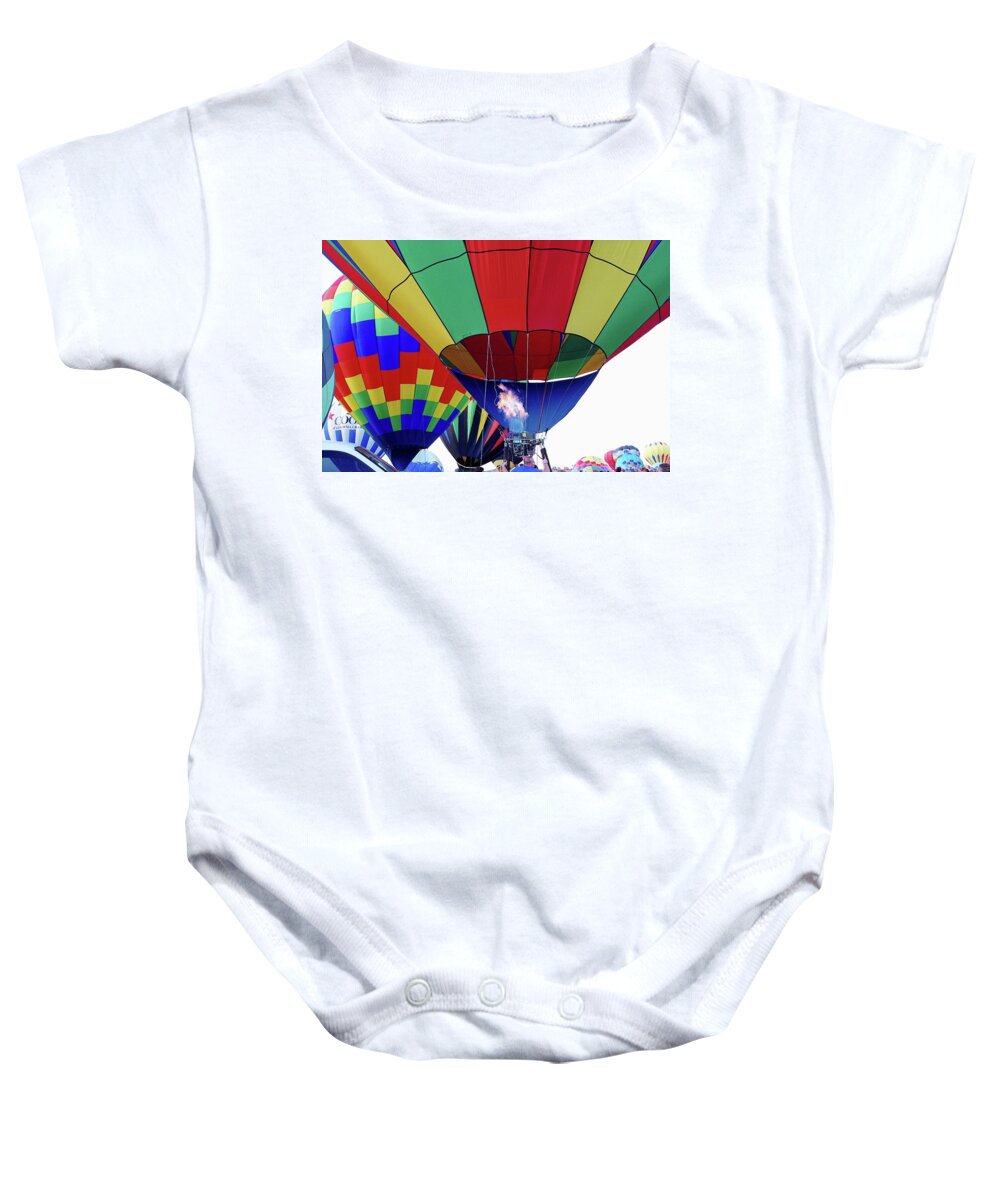 Multi Colored Hot Air Balloons Baby Onesie featuring the photograph Balloon Fly In 2 by Karen McKenzie McAdoo