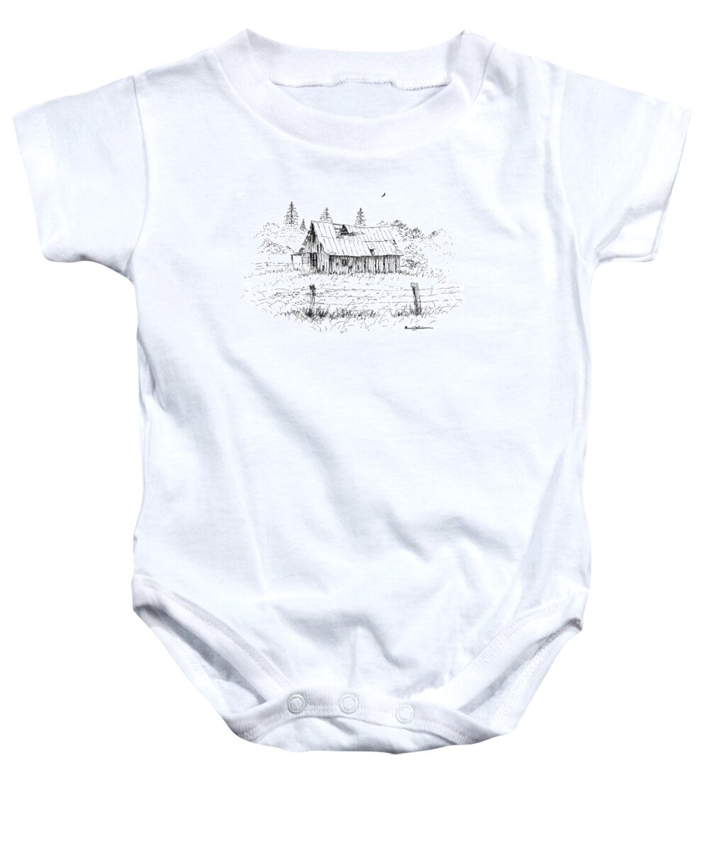 Barn Baby Onesie featuring the drawing Barn with Skylight by Randy Welborn