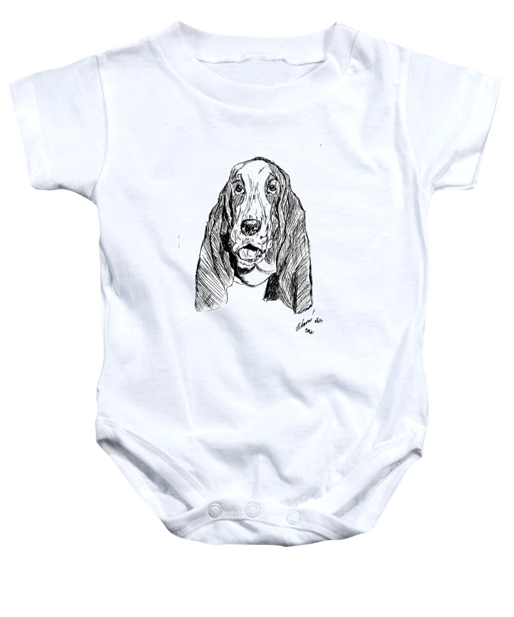 An Adult Baby Onesie featuring the drawing Basset Smiling by Charme Curtin