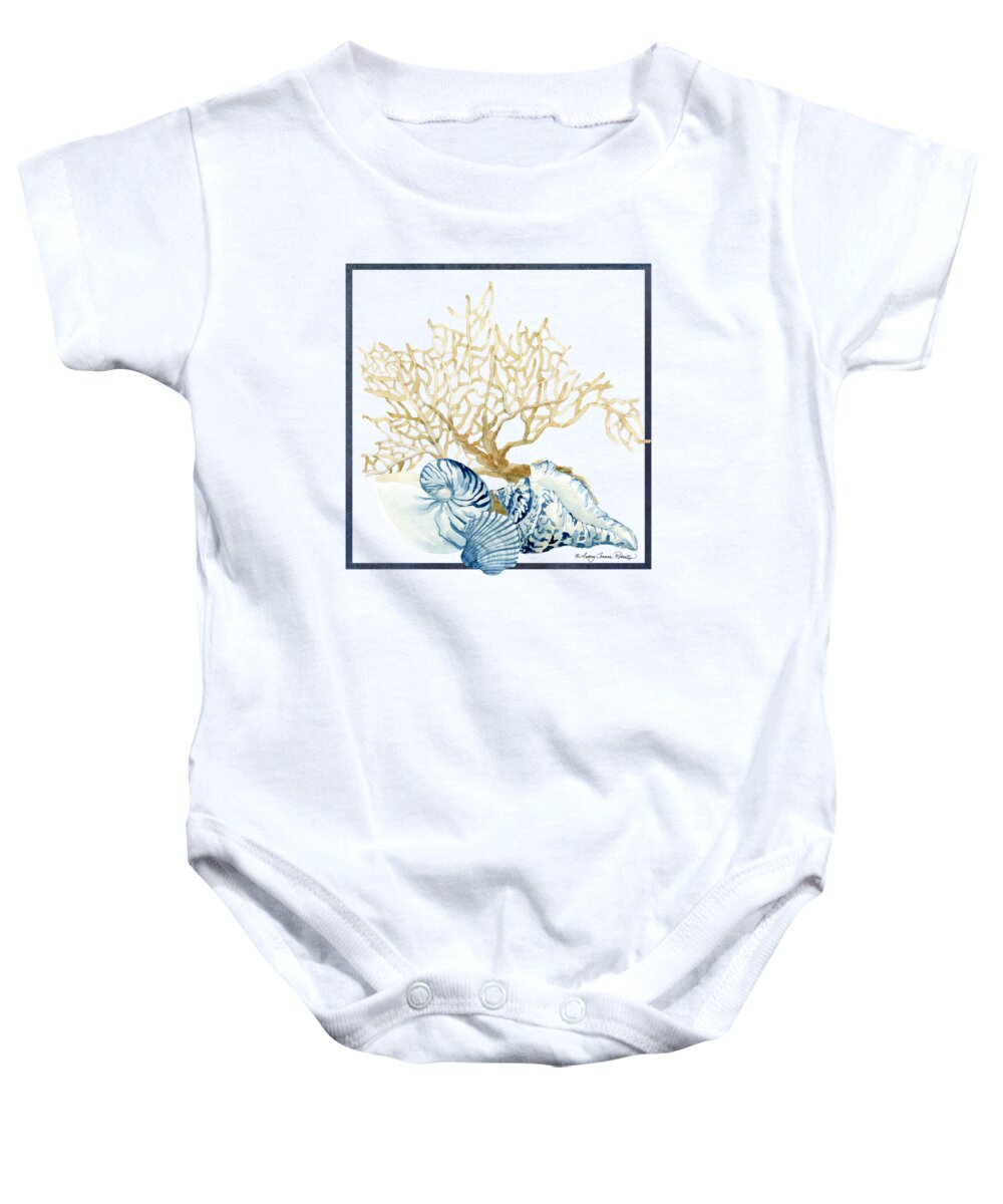 Sea Baby Onesie featuring the painting Beach House Nautilus Scallop n Conch with Tan Fan Coral by Audrey Jeanne Roberts