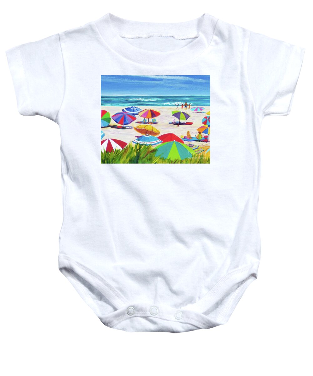 Beach Baby Onesie featuring the painting Umbrellas 2 by Anne Marie Brown