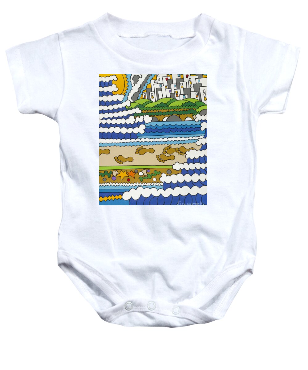City Buildings Baby Onesie featuring the painting Beach Walk Foot Prints by Rojax Art