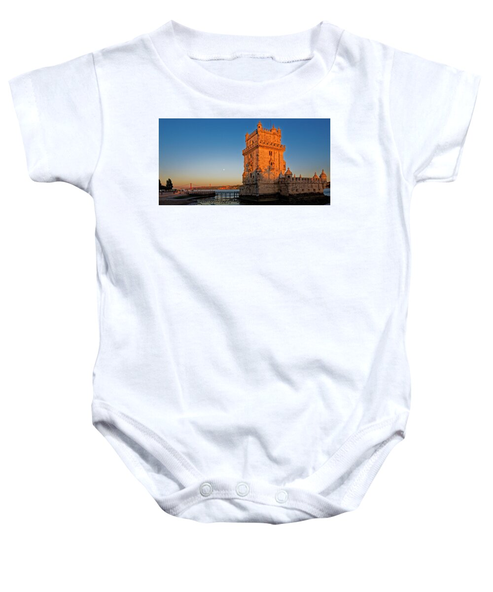Lisbon Baby Onesie featuring the photograph Belem Tower and the moon by Mark Rogers