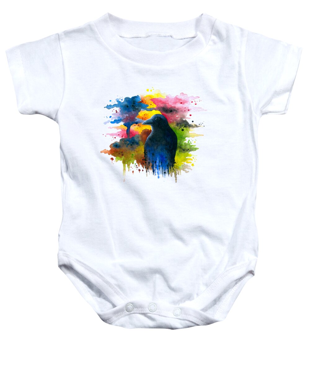 Bird Baby Onesie featuring the painting Bird 71 Crow Raven by Lucie Dumas
