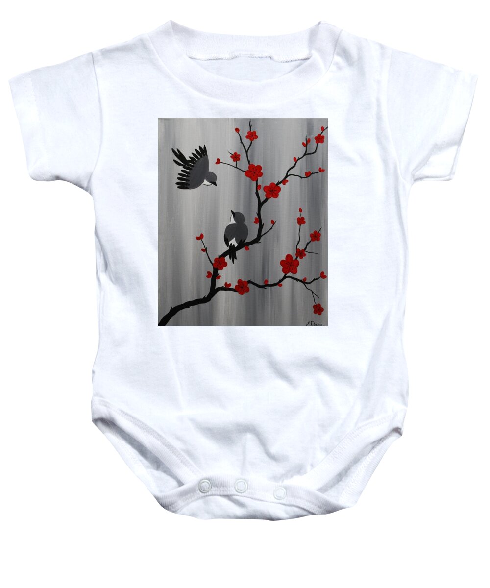 Birds Baby Onesie featuring the painting Birds and Blooms in Red by Emily Page