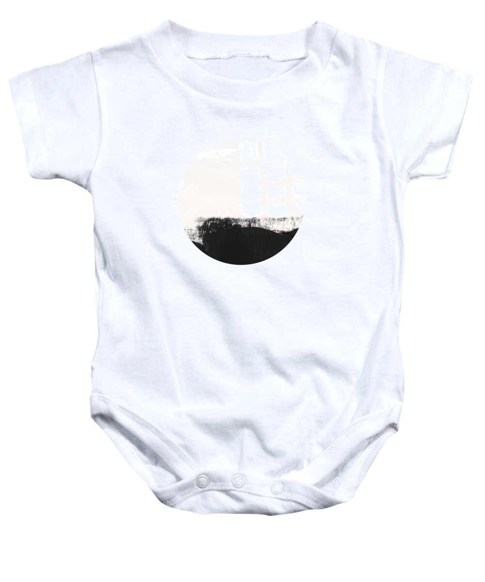 Modern Baby Onesie featuring the painting Black and Blush Abstract Circle 1-Art by Linda Woods by Linda Woods