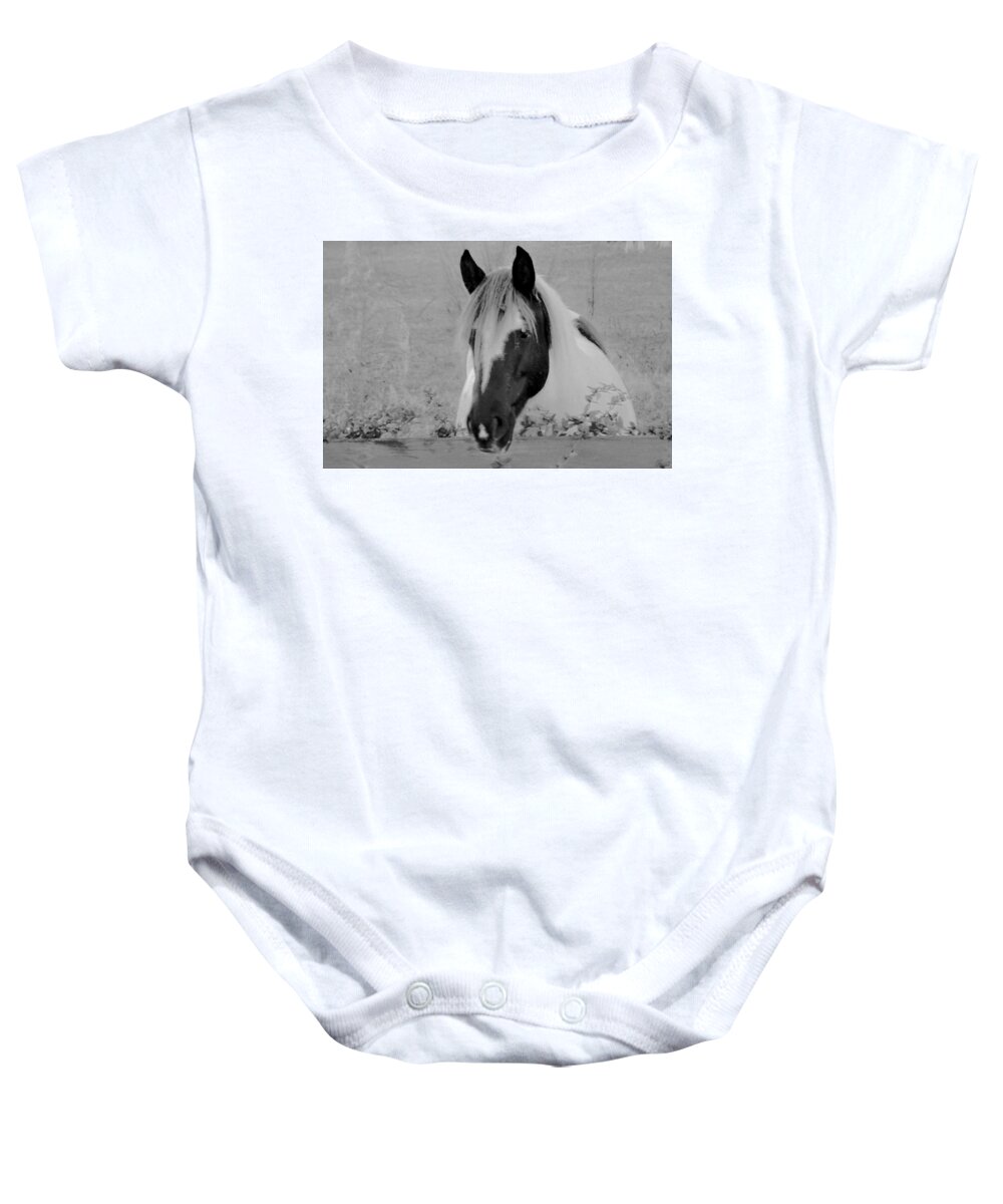 Horse Baby Onesie featuring the photograph Black and White Horse by Eileen Brymer