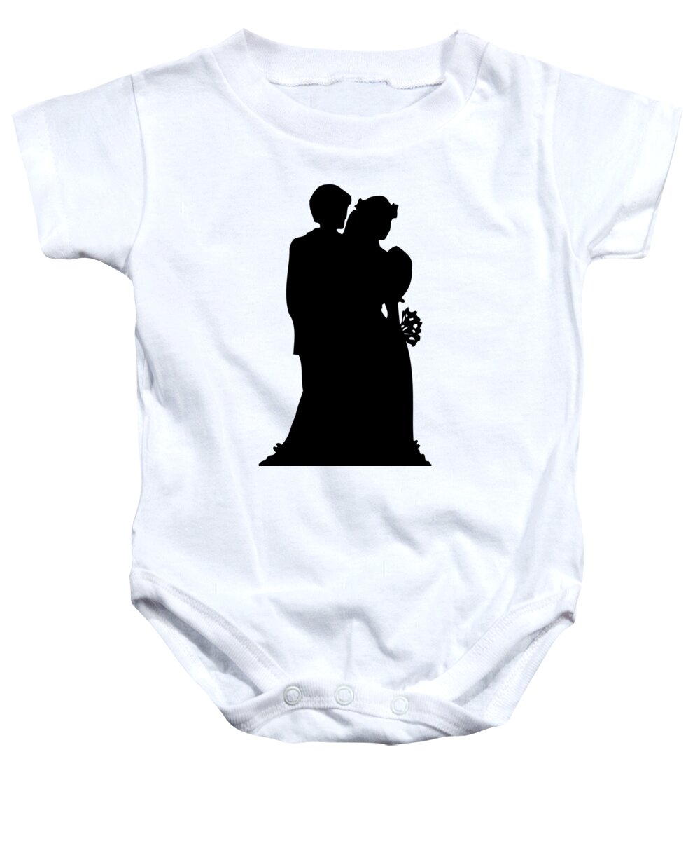 Black And White Silhouette Of A Bride And Groom Baby Onesie featuring the digital art Black and White Silhouette of a Bride and Groom by Rose Santuci-Sofranko