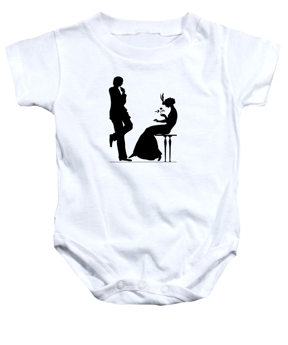 Man And Woman Baby Onesie featuring the digital art Black and White Silhouette of a Man giving a Woman a Flower by Rose Santuci-Sofranko