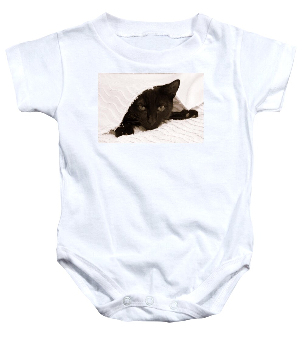 Horizontal Photograph Baby Onesie featuring the photograph Black Cat in Chenille by Valerie Collins