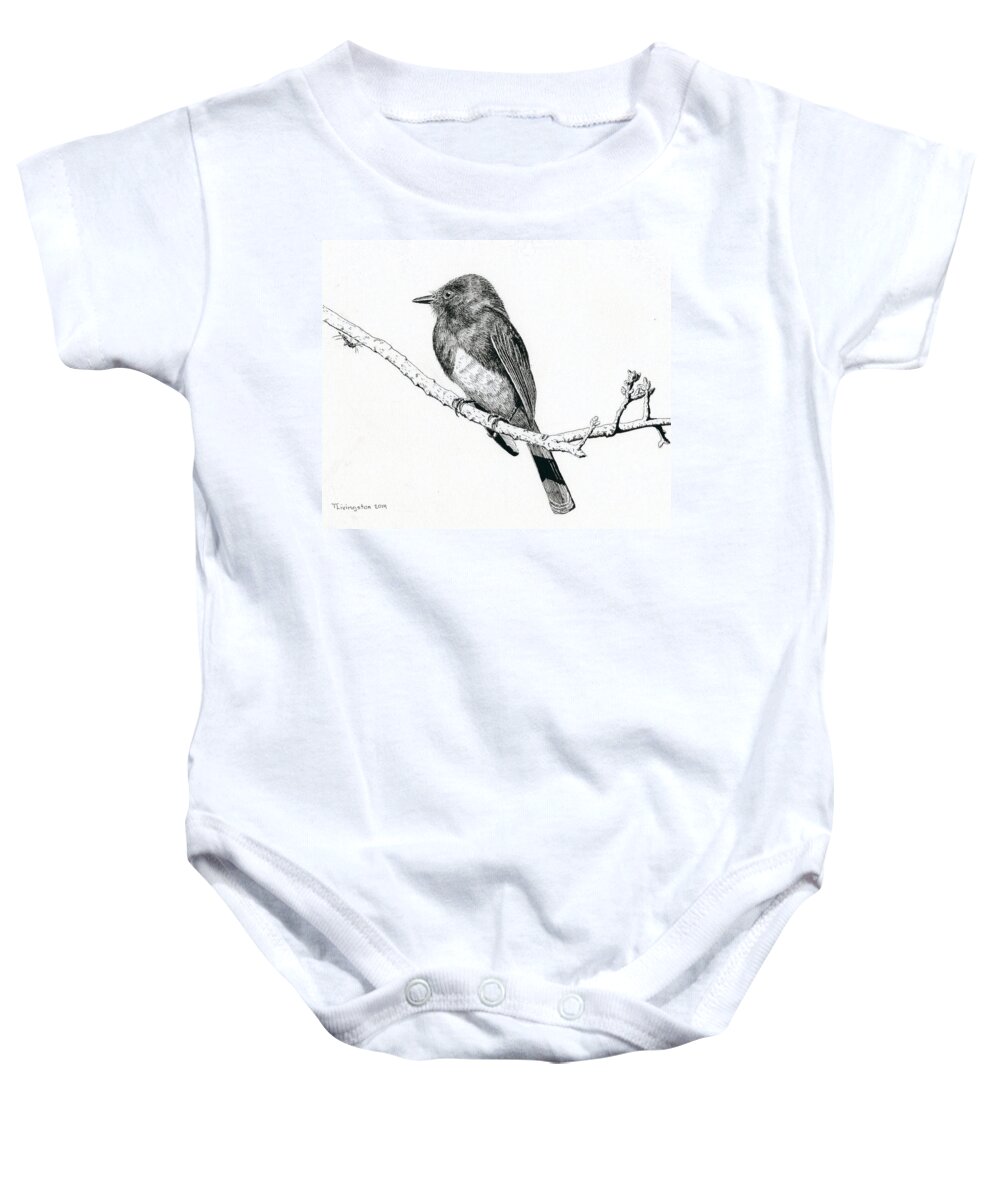 Phoebe Baby Onesie featuring the drawing Black Phoebe by Timothy Livingston