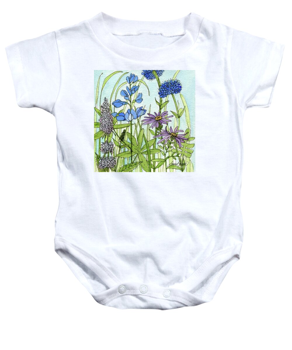 Blue Flowers Baby Onesie featuring the painting Blue Buttons by Laurie Rohner