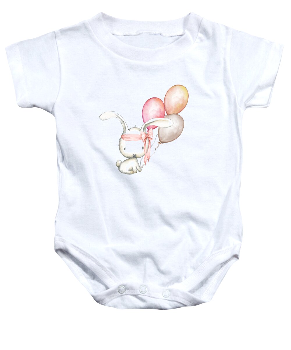 Boho Baby Onesie featuring the digital art Boho Bunny With Balloons by Pink Forest Cafe