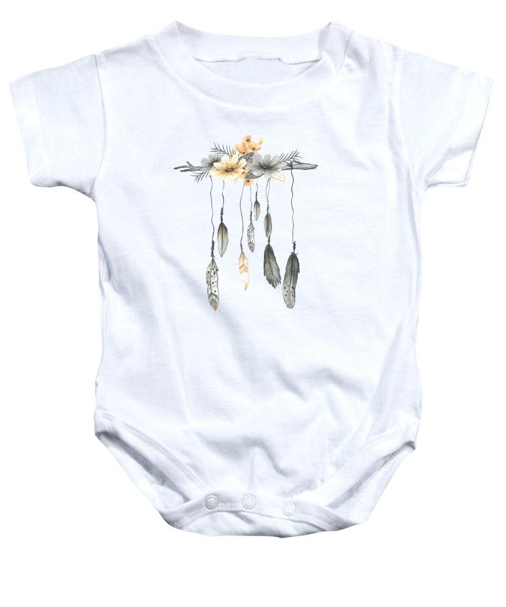 Boho Baby Onesie featuring the digital art Boho Feathers Floral Branch by Pink Forest Cafe