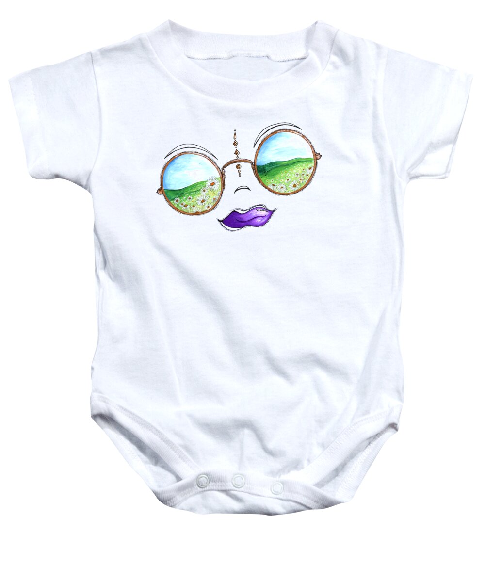 Boho Baby Onesie featuring the painting Boho Gypsy Daisy Field Sunglasses Reflection Design from the Aroon Melane 2014 Collection by MADART by Megan Aroon
