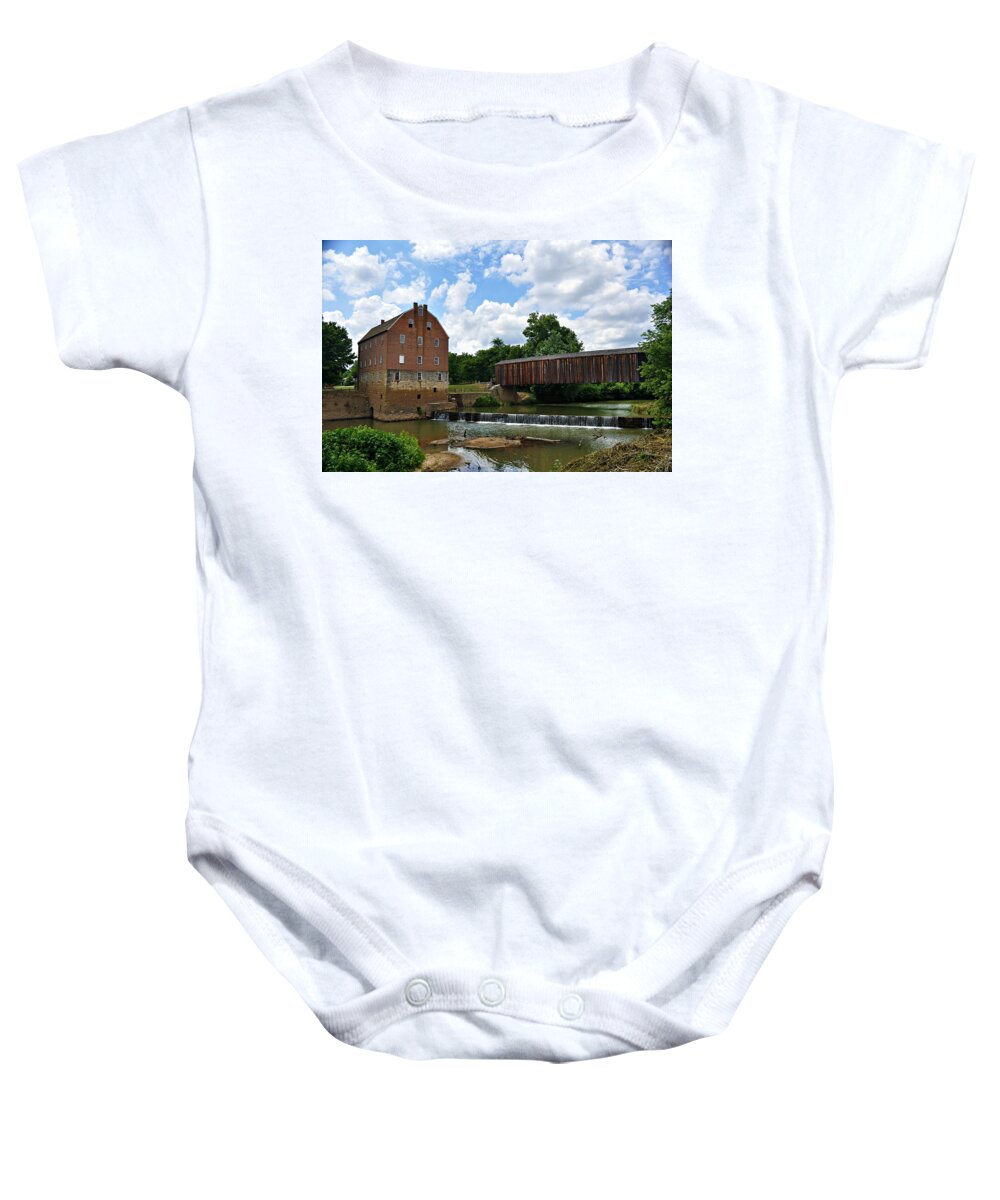 Bollinger Baby Onesie featuring the photograph Bollinger Mill and Covered Bridge by Marty Koch