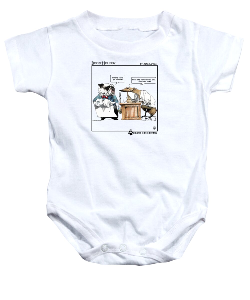 Bulldog Baby Onesie featuring the drawing BoozeHoundz #1 Fleas by Canine Caricatures By John LaFree