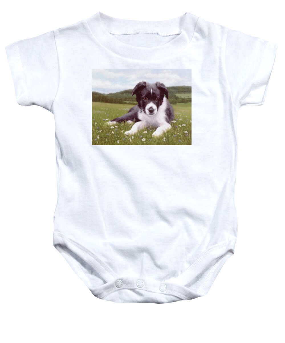 Dog Baby Onesie featuring the painting Border Collie Puppy Painting by Rachel Stribbling