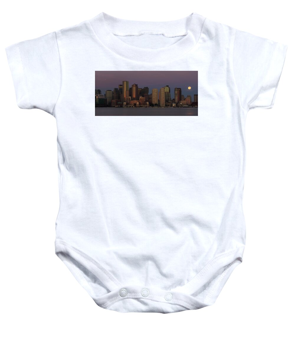 Boston Baby Onesie featuring the photograph Boston Moonset and Sunrise by Rob Davies