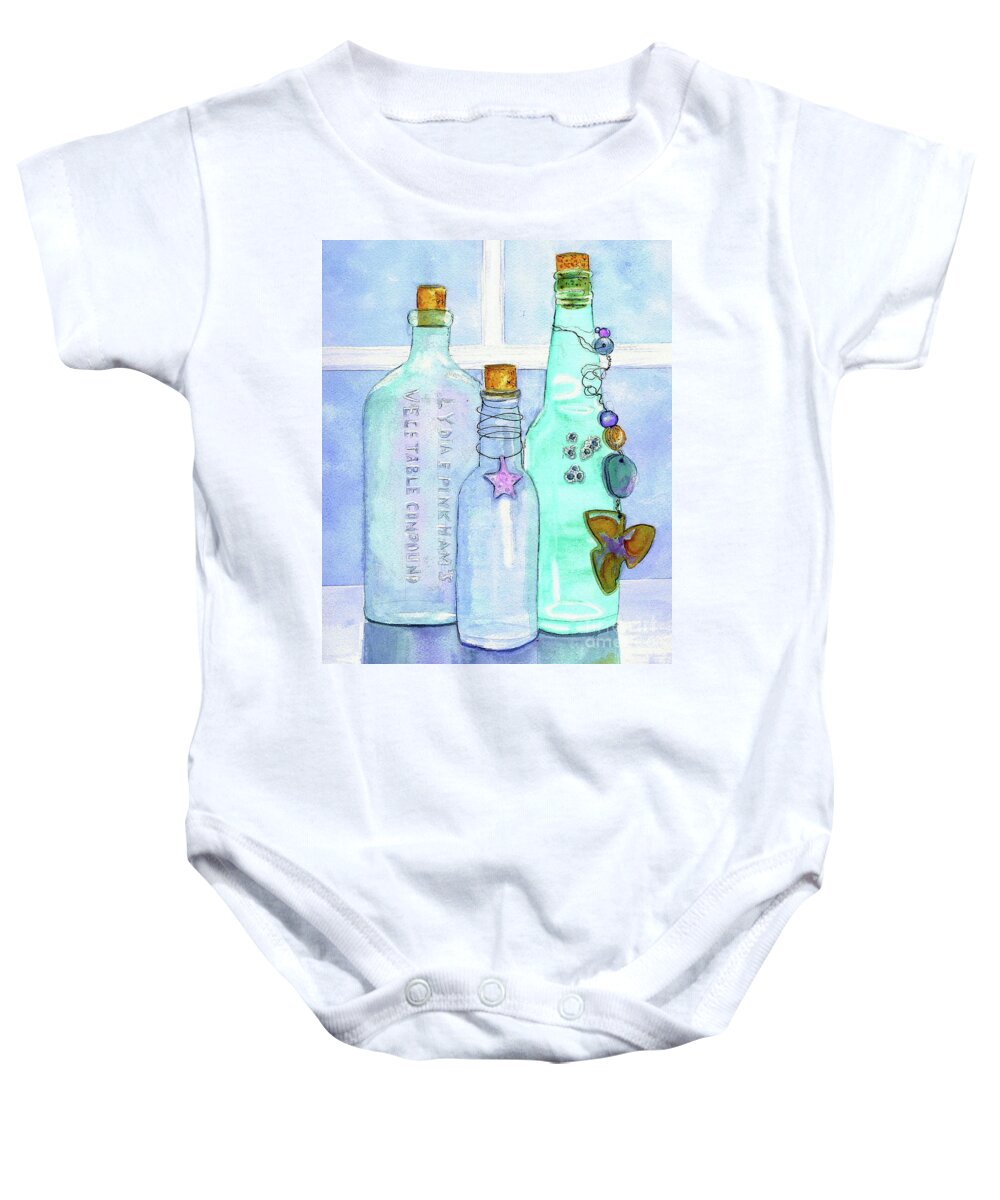 Bottles Baby Onesie featuring the painting Bottles with Barnacles by Midge Pippel