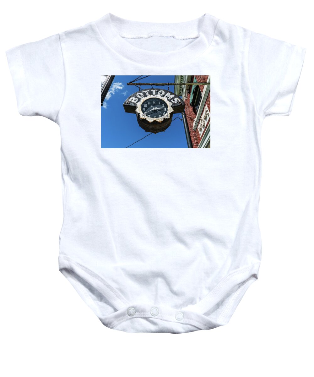 Bardstown Baby Onesie featuring the photograph Bottoms Clock Sign by Sharon Popek
