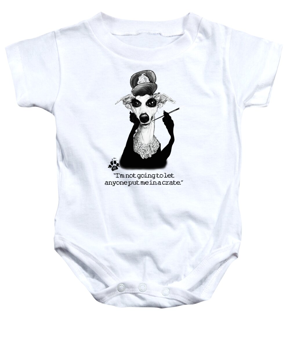 Dog Caricature Baby Onesie featuring the drawing Breakfast At Tiffany's Whippet Caricature by John LaFree