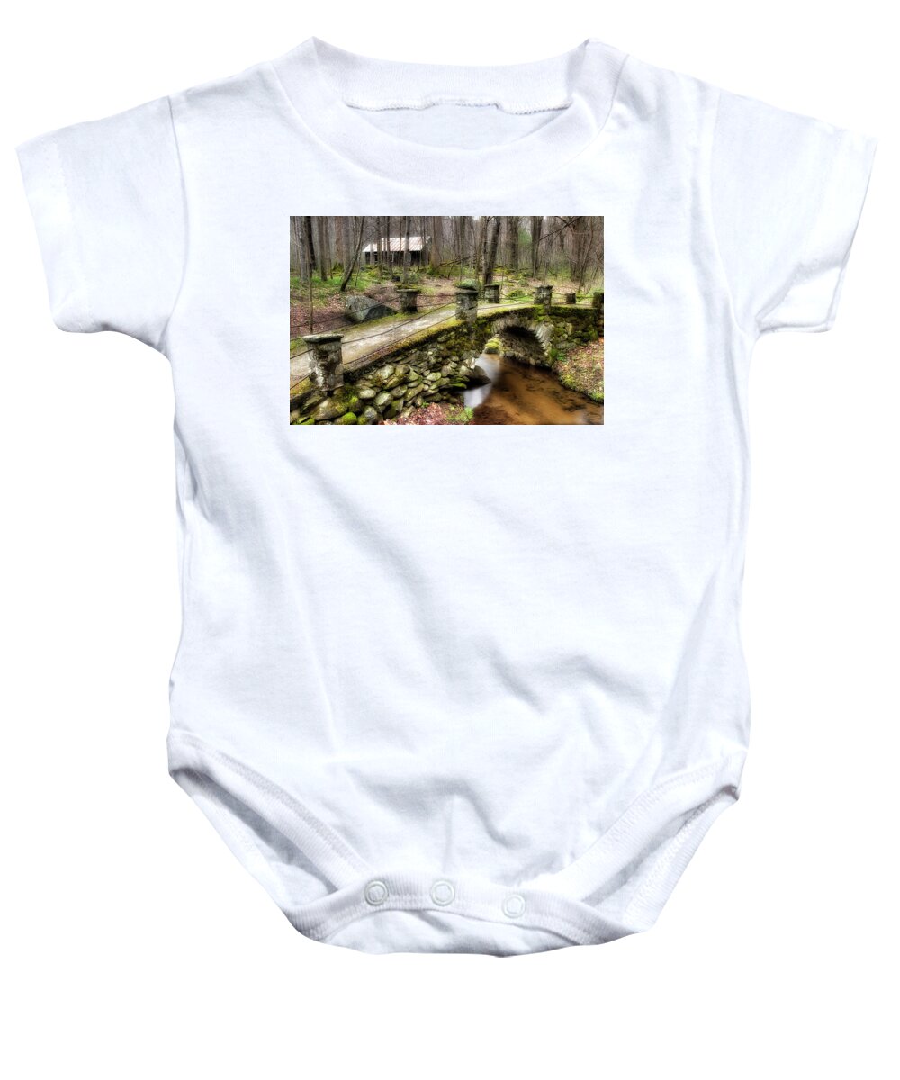Water Baby Onesie featuring the photograph Bridge Through The Woods by Mike Eingle