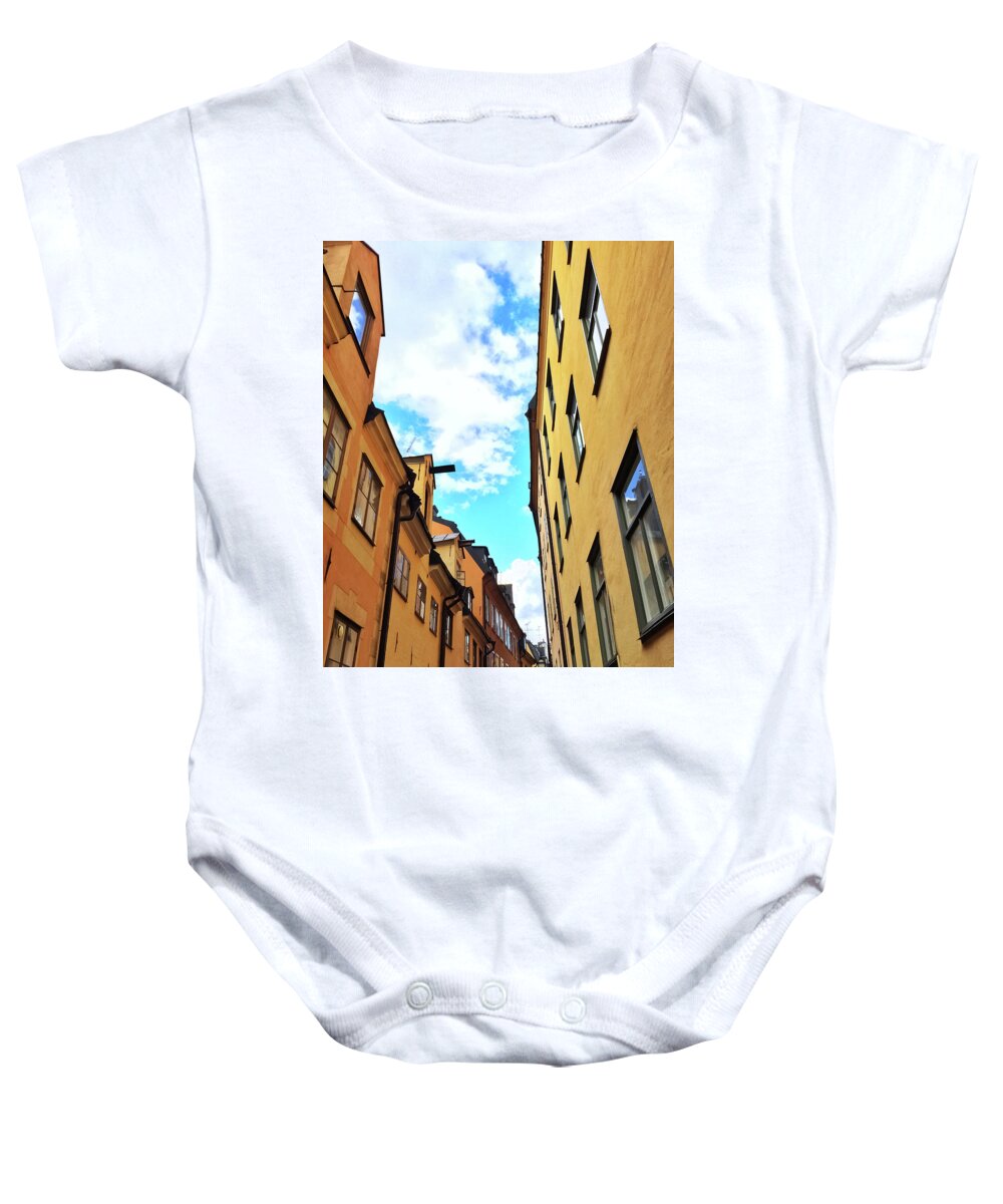Stockholm Baby Onesie featuring the photograph Bright buildings in the old center of Stockholm by GoodMood Art