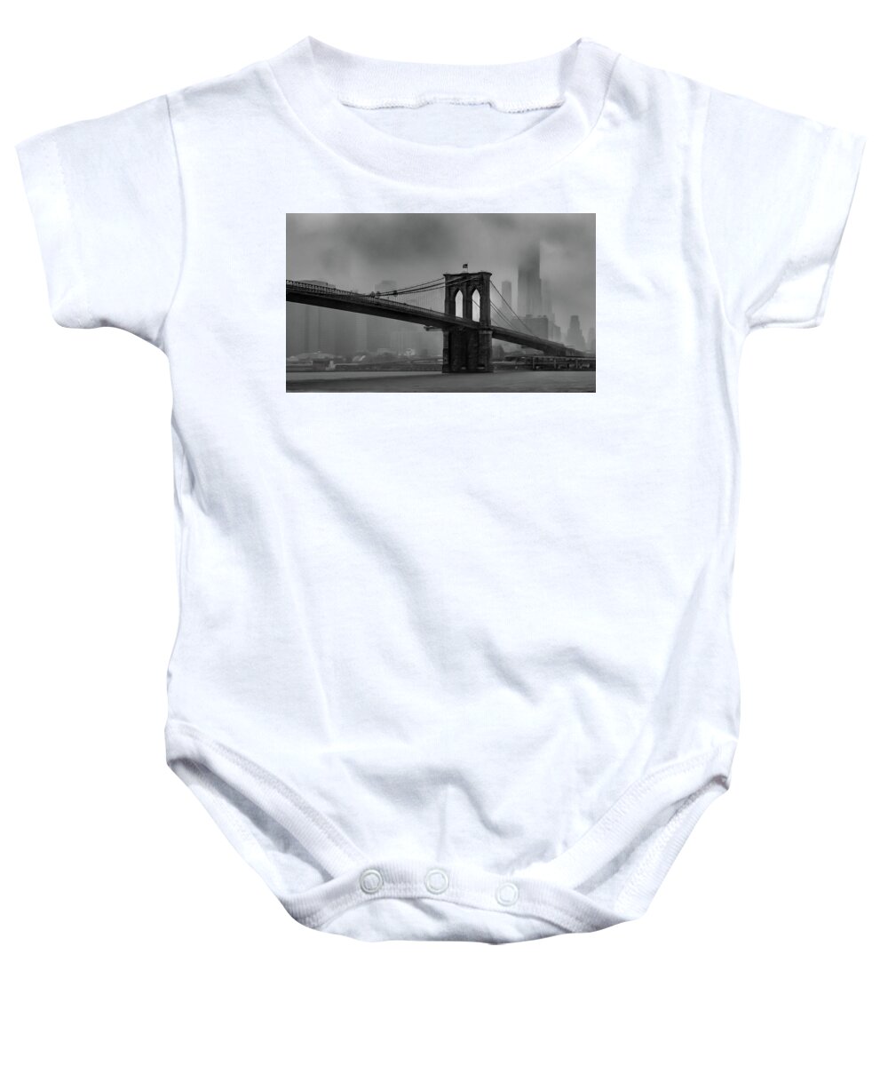 Brooklyn Baby Onesie featuring the photograph Brooklyn Bridge in a Storm 2 by Adam Reinhart